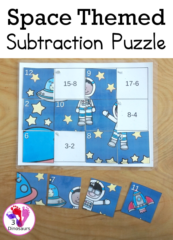 Free Space Subtraction Puzzle  - with subtraction from 20 to 1  in a 12 piece puzzles for kids to have fun solving and matching  - 3Dinosaurs.com