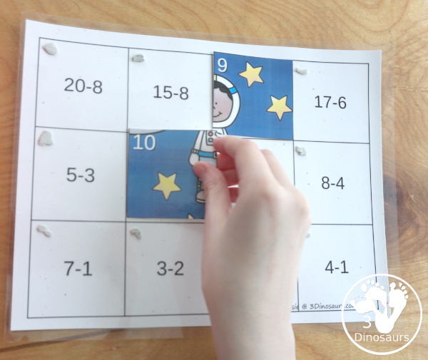 Free Space Subtraction Puzzle  - with subtraction from 20 to 1  in a 12 piece puzzles for kids to have fun solving and matching  - 3Dinosaurs.com