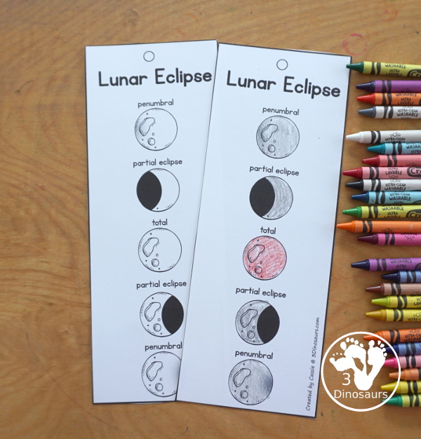 Free Total Lunar Eclipse Bookmarks with the order of events for a total lunar eclipse with pictures for kids to use to mark what they have seen.  3Dinosaurs.com