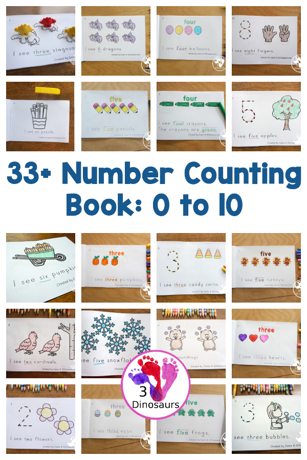 32+ Counting Easy Reader Books - a mix of easy reader books for counting that you can use throughout the year. Numbers from 1 to 10 and 0 to 10 for the books- 3Dinosaurs.com