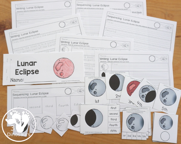 Lunar Eclipse Sequencing: Total Lunar Eclipse with writing, reading, clip cards, number order card with lots of writing and variations for the five part sequencing printables for eclipses - 3Dinosaurs.com