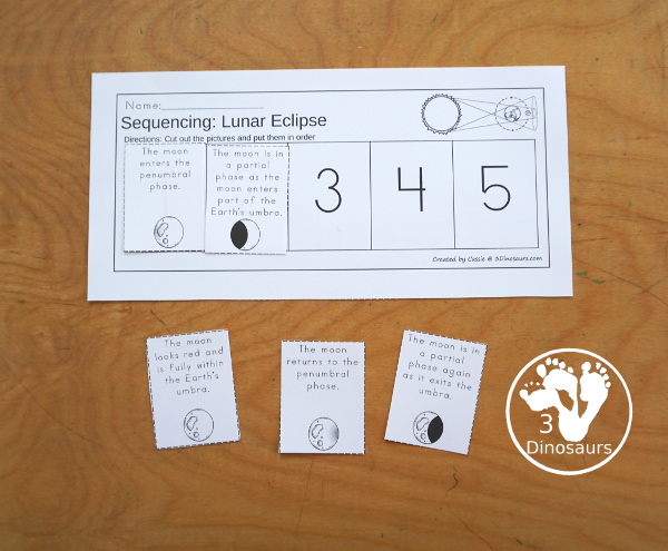 Lunar Eclipse Sequencing: Total Lunar Eclipse with writing, reading, clip cards, number order card with lots of writing and variations for the five part sequencing printables for eclipses - 3Dinosaurs.com