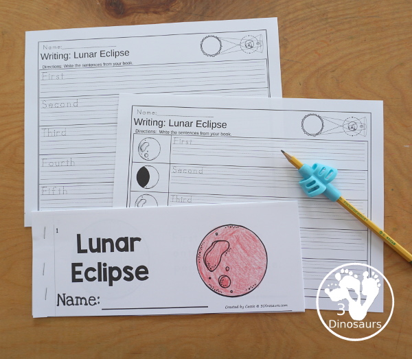 Lunar Eclipse Sequencing: Total Lunar Eclipse with writing, reading, clip cards, number order card with lots of writing and variations for the five part sequencing printables for eclipses - 3Dinosaurs.com