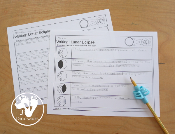 Lunar Eclipse Sequencing: Total Lunar Eclipse with writing, reading, clip cards, number order card with lots of writing and variations for the five part sequencing printables for eclipses - 3Dinosaurs.com