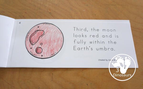 Lunar Eclipse Sequencing: Total Lunar Eclipse with writing, reading, clip cards, number order card with lots of writing and variations for the five part sequencing printables for eclipses - 3Dinosaurs.com