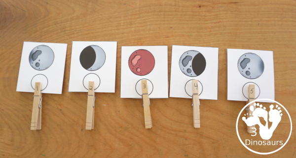 Lunar Eclipse Sequencing: Total Lunar Eclipse with writing, reading, clip cards, number order card with lots of writing and variations for the five part sequencing printables for eclipses - 3Dinosaurs.com