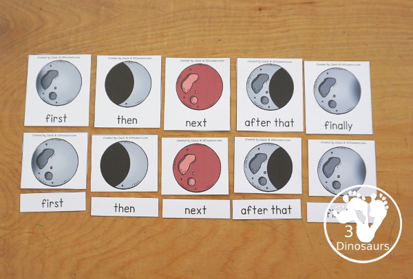 Lunar Eclipse Sequencing: Total Lunar Eclipse with writing, reading, clip cards, number order card with lots of writing and variations for the five part sequencing printables for eclipses - 3Dinosaurs.com