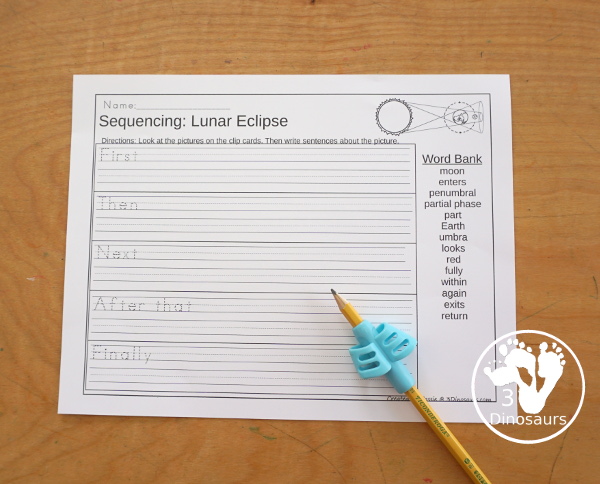 Lunar Eclipse Sequencing: Total Lunar Eclipse with writing, reading, clip cards, number order card with lots of writing and variations for the five part sequencing printables for eclipses - 3Dinosaurs.com