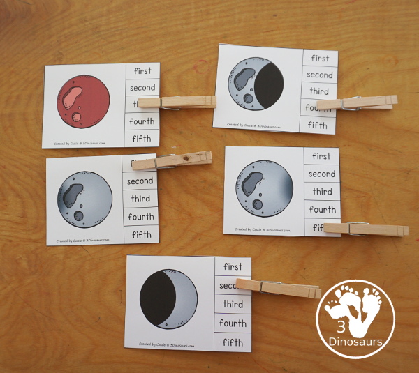 Lunar Eclipse Sequencing: Total Lunar Eclipse with writing, reading, clip cards, number order card with lots of writing and variations for the five part sequencing printables for eclipses - 3Dinosaurs.com