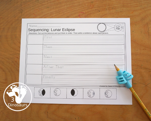 Lunar Eclipse Sequencing: Total Lunar Eclipse with writing, reading, clip cards, number order card with lots of writing and variations for the five part sequencing printables for eclipses - 3Dinosaurs.com