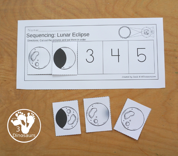 Lunar Eclipse Sequencing: Total Lunar Eclipse with writing, reading, clip cards, number order card with lots of writing and variations for the five part sequencing printables for eclipses - 3Dinosaurs.com