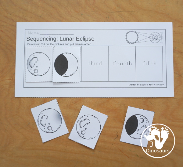 Lunar Eclipse Sequencing: Total Lunar Eclipse with writing, reading, clip cards, number order card with lots of writing and variations for the five part sequencing printables for eclipses - 3Dinosaurs.com