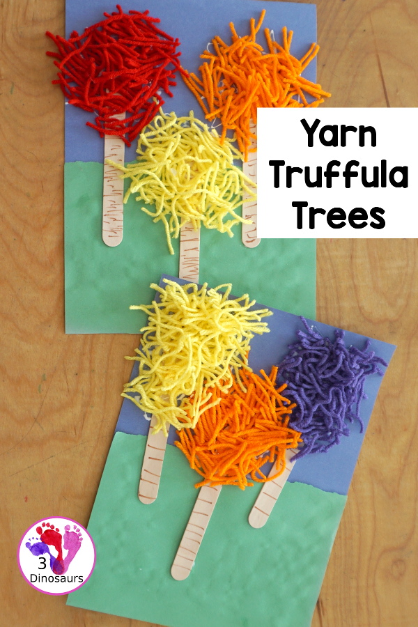 Yarn Truffula Trees - a fun and easy craft for the book The Lorax and Earth Day. You use paper, craft sticks and yarn to make the truffula trees.  3Dinosaurs.com