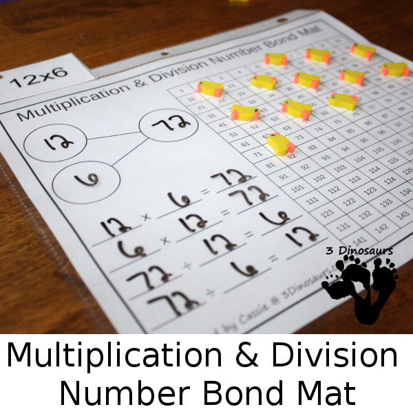 Free Multiplication Number Bond Mat - 10 different color options with chart to cover 1 through 12 multiplication and division- 3Dinosaurs.com