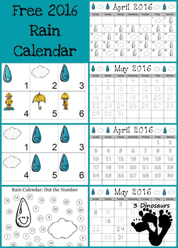 Free 2016 Rain Calendar - 3Dinosaurs.com