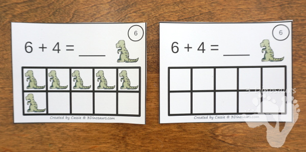 Free Dinosaur Ten Frame Addition Cards - 12 cards with recording sheet with two styles of cards - 3Dinosaurs.com