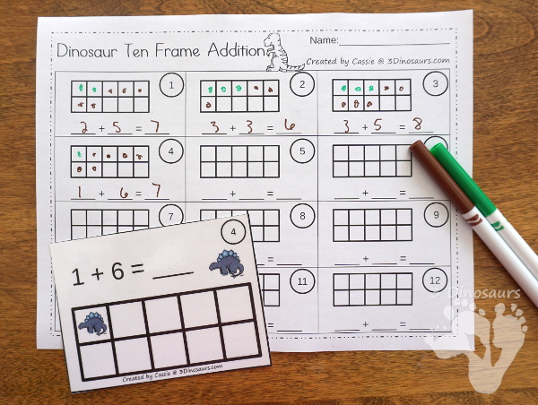 Free Dinosaur Ten Frame Addition Cards - 12 cards with recording sheet with two styles of cards - 3Dinosaurs.com