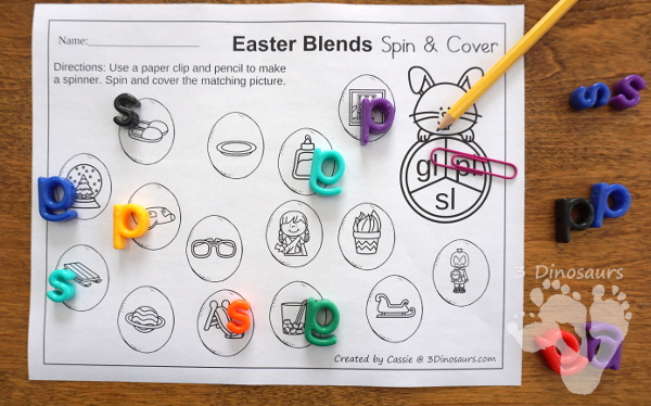 Free No-Prep Easter Themed Spin and Cover L Blends - work on bl, cl, fl, gl pl, and sl blends - 3Dinosaurs.com #handsonlearning #easterprintablesforkids #blendsforkids #printablesforkids #3dinosaurs