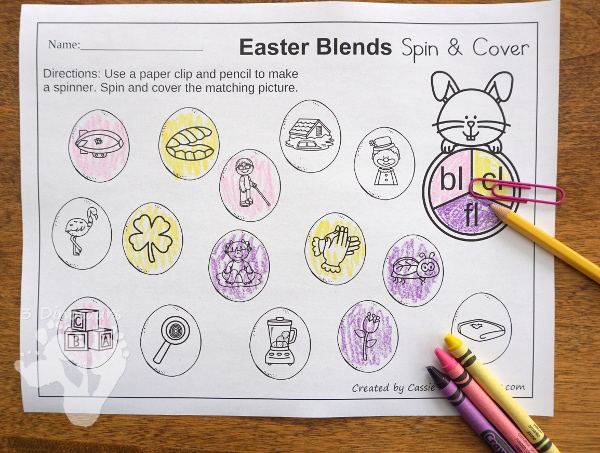 Free No-Prep Easter Themed Spin and Cover L Blends - work on bl, cl, fl, gl pl, and sl blends - 3Dinosaurs.com #handsonlearning #easterprintablesforkids #blendsforkids #printablesforkids #3dinosaurs
