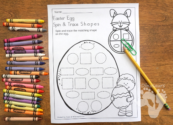 Free Easter Egg Spin and Trace Shapes - 2 pages of printables with 8 different shapes - 3Dinosaurs.com #noprep #easterprintablesforkids #printablesforkids