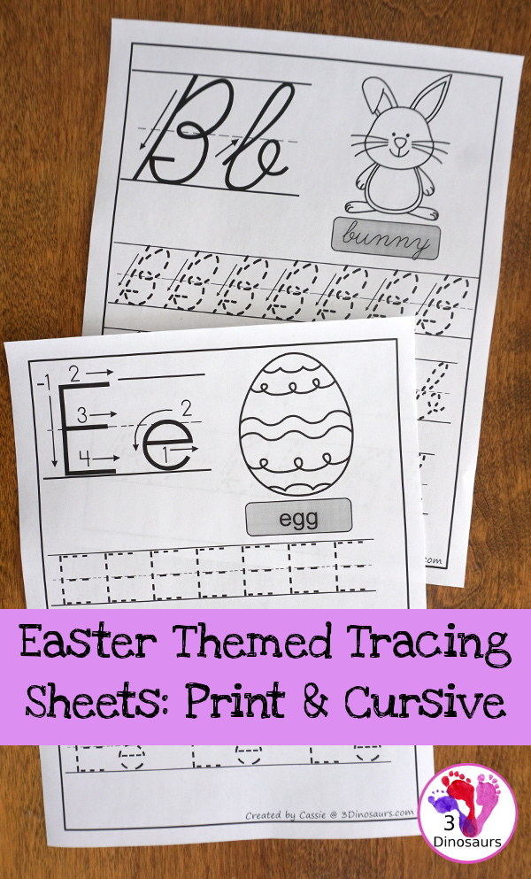 Free Fun Easter Themed ABC Tracing Sheets In Print and Cursive - 7 pages for both print and cursive - 3Dinosaurs.com #noprep #easterprintablesforkids #printablesforkids