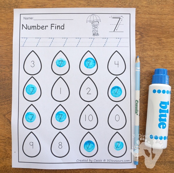 Rain Themed Number Find - numbers 0 to 20 with number digit and number word - 3Dinosaurs.com