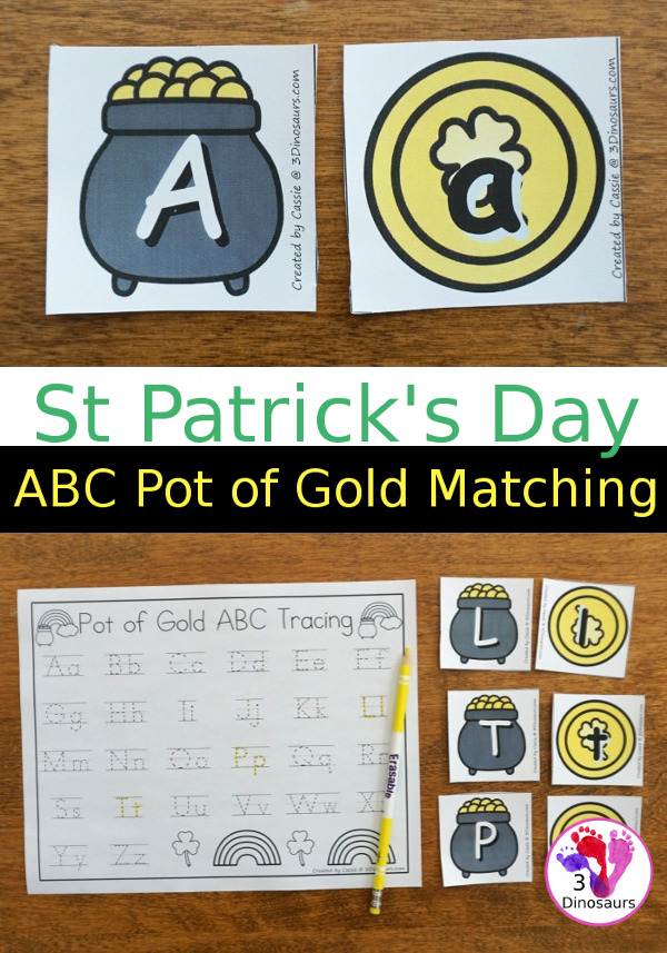 Free St Patrick's Day ABC Pot of Gold Matching With Tracing - all 26 letter of the alphabet with uppercase and lowercase letters with two options for recording  - 3Dinosaurs.com