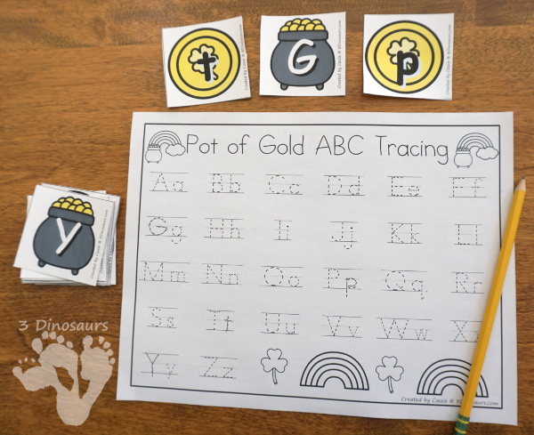 Free St Patrick's Day ABC Pot of Gold Matching With Tracing = all 26 letter of the alphabet with uppercase and lowercase letters with two options for recording  - 3Dinosaurs.com