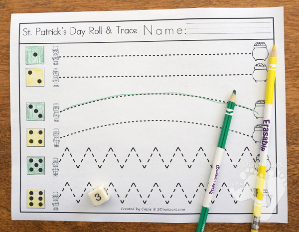 St. Patrick’s Day Roll & Trace Prewriting Printable by 3Dinosaurs.com