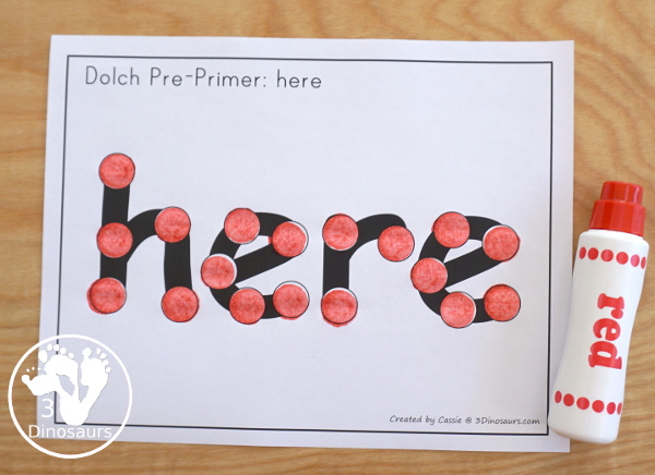 Free Preprimer Sight Word Dot Marker - all 40 dolch sight words with a single word per page with dot markers words for early learning to read - 3Dinosaurs.com