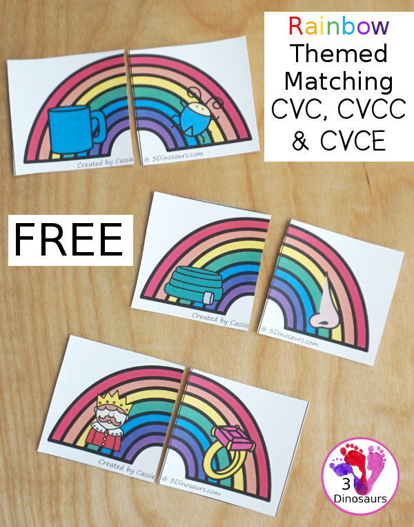 Free Rainbow Matching: CVC, CVCe & CVCC - a mix of matching cards to use with kids for rhyming words. You have 44 fun puzzles to learn with.  - 3Dinosaurs.com