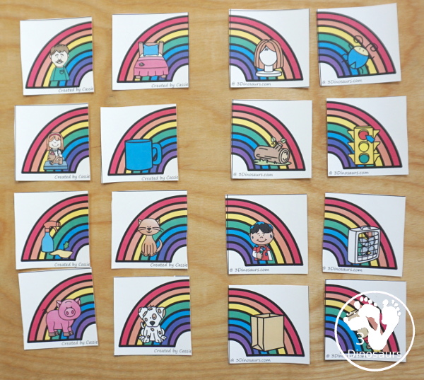 Free Rainbow Matching: CVC, CVCe & CVCC - a mix of matching cards to use with kids for rhyming words. You have 44 fun puzzles to learn with.  - 3Dinosaurs.com