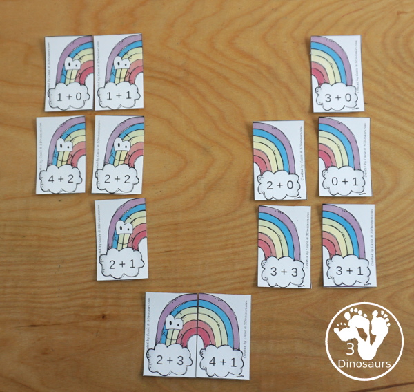 Free Rainbow Addition Matching - a fun addition matching game adding numbers from 1 to 20  with two piece puzzles and matching number bond mat for kindergarten and first grade - 3Dinosaurs.com