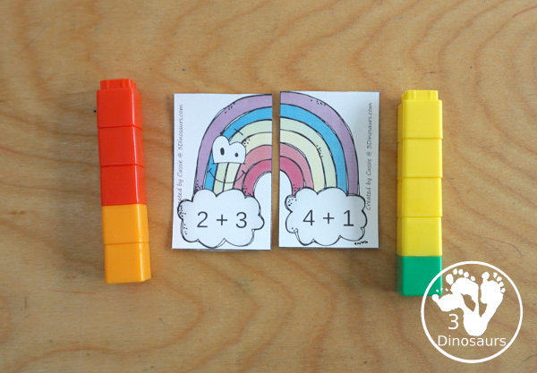 Free Rainbow Addition Matching - a fun addition matching game adding numbers from 1 to 20  with two piece puzzles and matching number bond mat for kindergarten and first grade - 3Dinosaurs.com