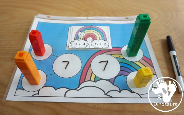 Free Rainbow Addition Matching - a fun addition matching game adding numbers from 1 to 20  with two piece puzzles and matching number bond mat for kindergarten and first grade - 3Dinosaurs.com