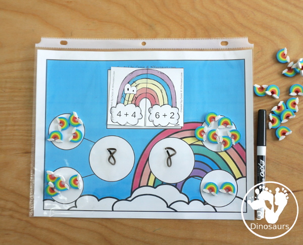 Free Rainbow Addition Matching - a fun addition matching game adding numbers from 1 to 20  with two piece puzzles and matching number bond mat for kindergarten and first grade - 3Dinosaurs.com