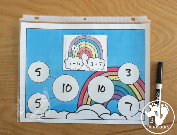 Free Rainbow Addition Matching - a fun addition matching game adding numbers from 1 to 20  with two piece puzzles and matching number bond mat for kindergarten and first grade - 3Dinosaurs.com