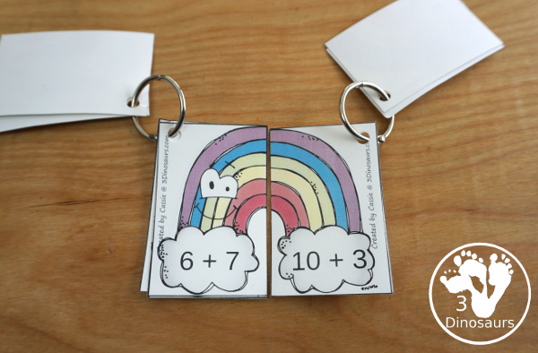 Free Rainbow Addition Matching - a fun addition matching game adding numbers from 1 to 20  with two piece puzzles and matching number bond mat for kindergarten and first grade - 3Dinosaurs.com