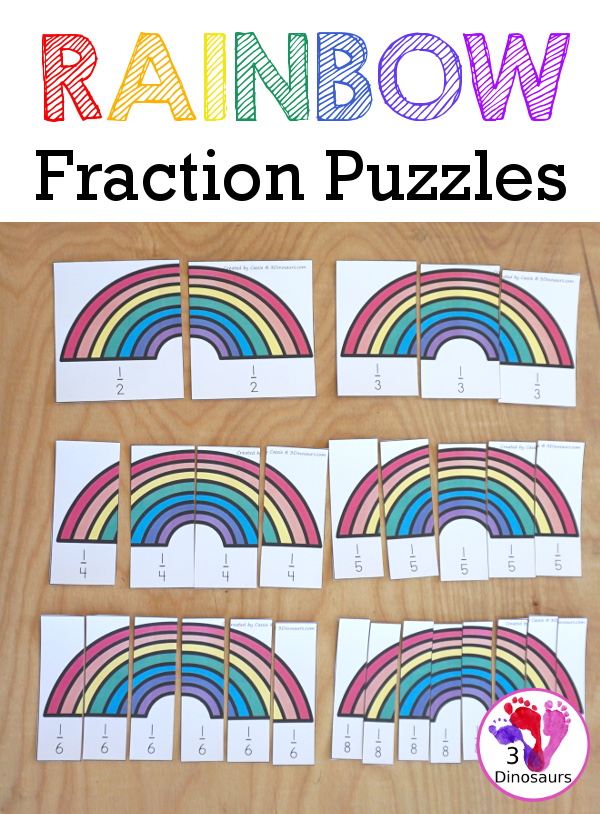 Free Hands-On Rainbow Fractions Puzzles - with 6 puzzles, fraction cards and building mats for working on learning fractions and comparing fractions- 3Dinosaurs.com