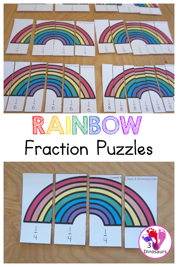 Free Hands-On Rainbow Fractions Puzzles - with 6 puzzles, fraction cards and building mats for working on learning fractions and comparing fractions- 3Dinosaurs.com