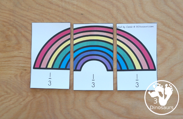 Free Hands-On Rainbow Fractions Puzzles - with 6 puzzles, fraction cards and building mats for working on learning fractions and comparing fractions- 3Dinosaurs.com