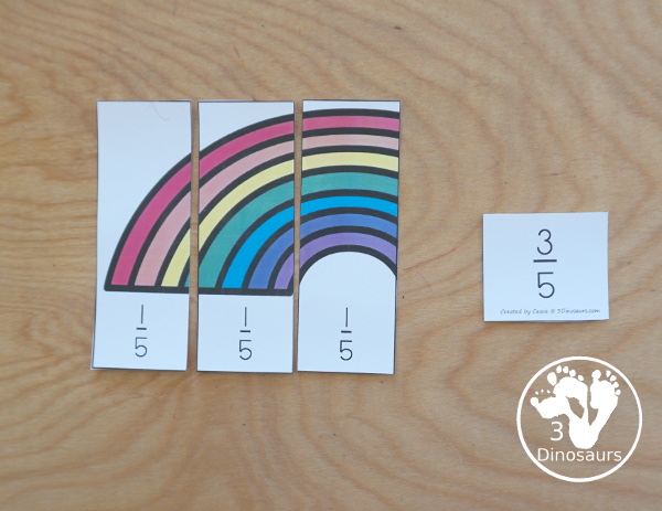 Free Hands-On Rainbow Fractions Puzzles - with 6 puzzles, fraction cards and building mats for working on learning fractions and comparing fractions- 3Dinosaurs.com