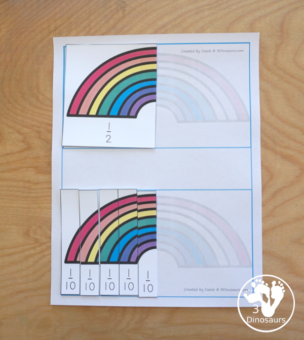 Free Hands-On Rainbow Fractions Puzzles - with 6 puzzles, fraction cards and building mats for working on learning fractions and comparing fractions- 3Dinosaurs.com