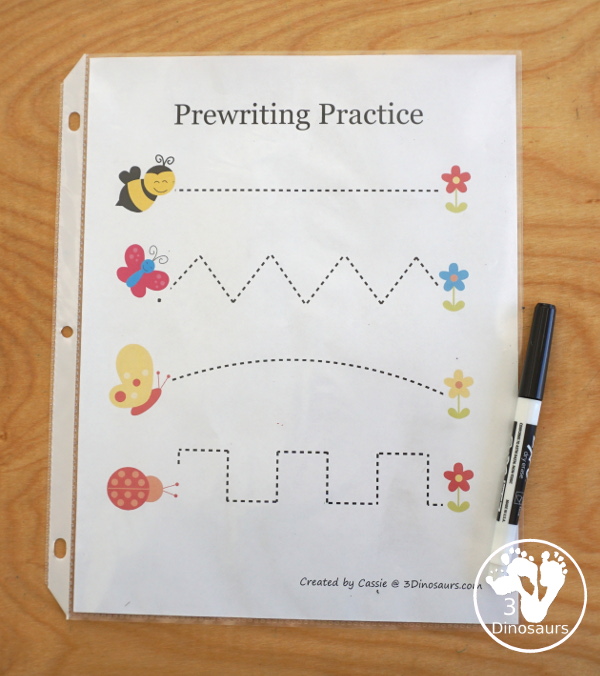 Free Spring printable - prewriting page with several line types for kids to trace - 3Dinosaurs.com