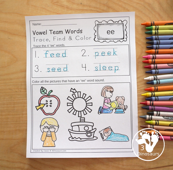 Vowel Team Trace, Find & Color - a fun no-prep printable to work on tracing and finding words - 3Dinosaurs.com