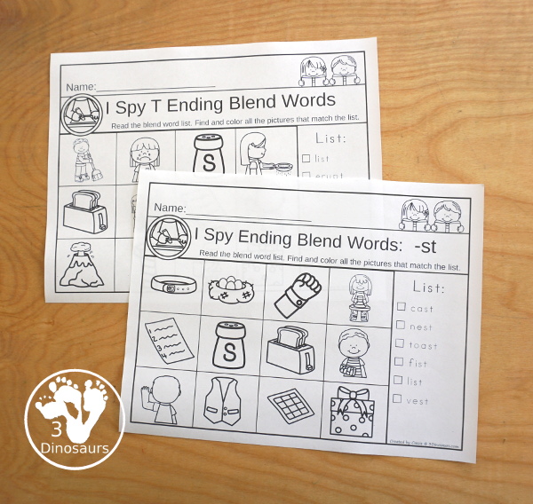 Ending Blends I-Spy Set Printables with 33 pages of pritnables that work on the following ending blends: -ct, -ft, -ld, -lf, -lk, -lp, -lt, -mp, -nd, -ng, -nk, -nt, -pt, -sk, -sp, -st. You hvae five to seven words to find on each page  - 3Dinosaurs.com