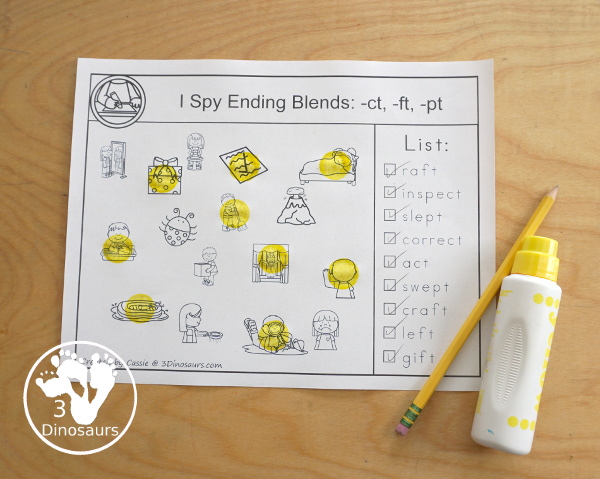 Free Ending Blends I-Spy Printables with 4 pages of pritnables that work on the following ending blends: -ct, -ft, -ld, -lf, -lk, -lp, -lt, -nd, -ng, -nk, -nt, -pt, -sk, -sp, -st. You hvae nine words to find on each page  - 3Dinosaurs.com