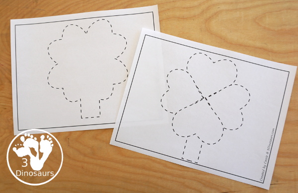 Free Clover Fine Motor Printables - you have a clover mat, playdough mat, tracing mat and dot marker mat to do fine motor activity - 3Dinosaurs.com