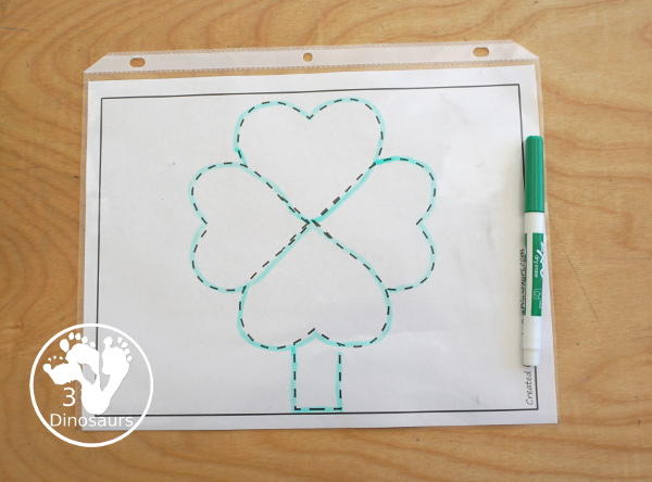 Free Clover Fine Motor Printables - you have a clover mat, playdough mat, tracing mat and dot marker mat to do fine motor activity - 3Dinosaurs.com