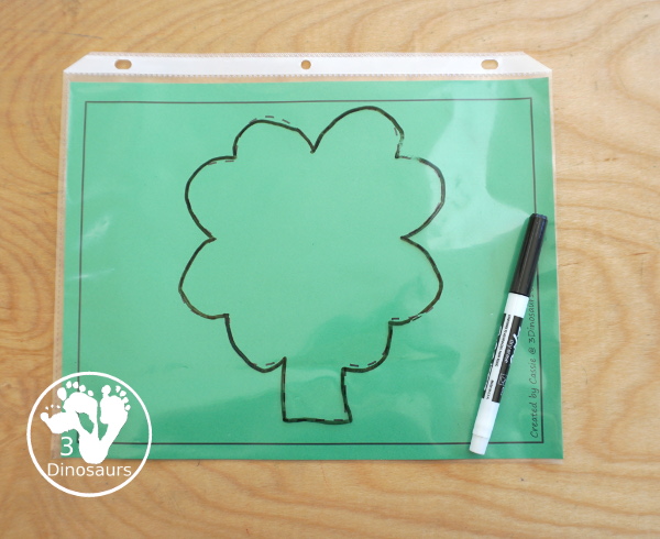 Free Clover Fine Motor Printables - you have a clover mat, playdough mat, tracing mat and dot marker mat to do fine motor activity - 3Dinosaurs.com